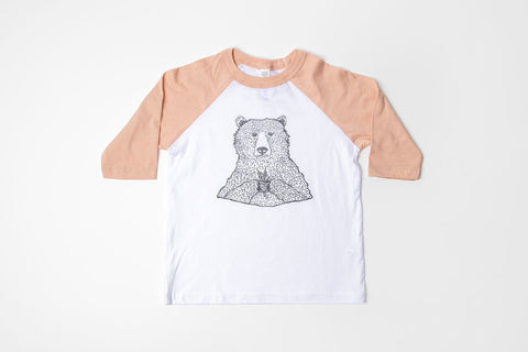 Bear Flower Kid's Baseball Shirt Peach/White