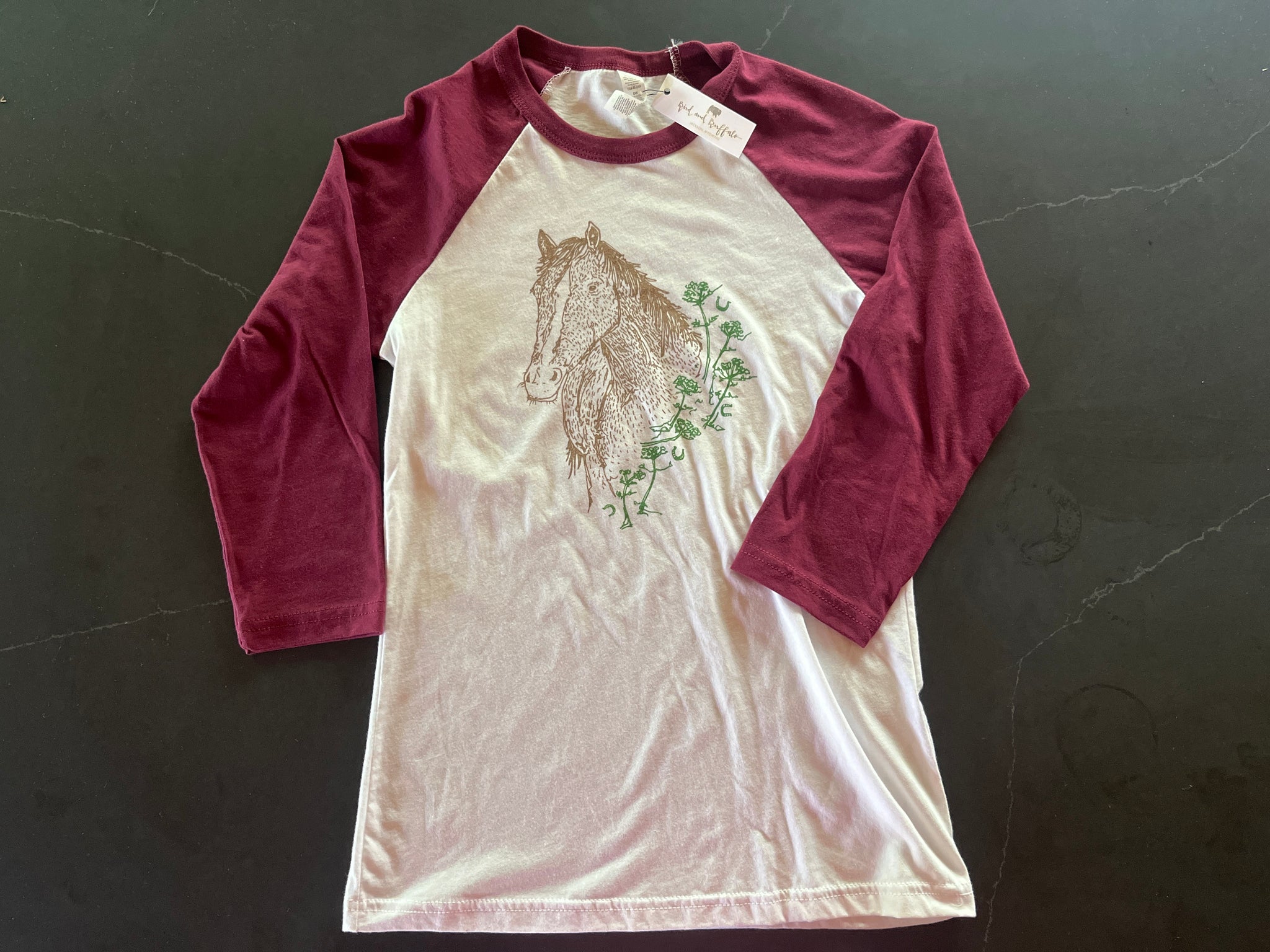 Horse - Women’s Maroon and White Baseball Tshirt