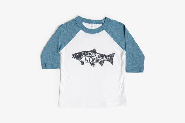 Trout Design Kids Baseball Shirt - Blue & White - Bird & Buffalo