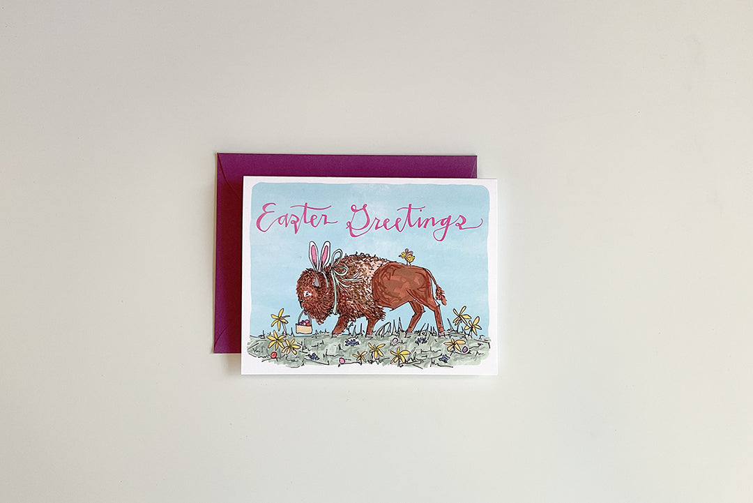 UPDATED! Easter Greetings Bison Card - Bird & Buffalo