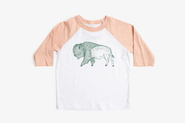 Bison Fur Design Kids Baseball Shirt - Bird & Buffalo