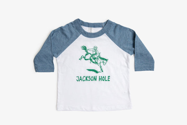 Jackson Hole Bronco Design Kids Baseball Shirt - Blue & White - Bird & Buffalo
