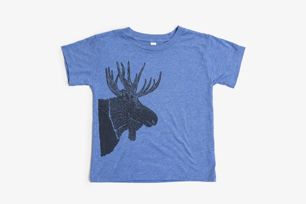 Blue t-shirt with black moose graphic on a white background