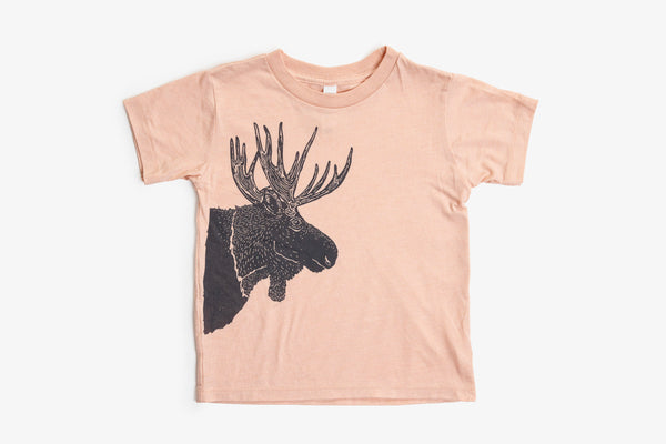 Beige t-shirt with black moose graphic on a white background