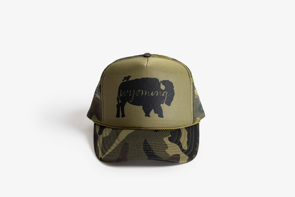 Wyoming Bison Trucker Hat - Green Camo - Bird & Buffalo