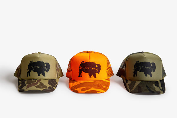 Wyoming Bison Trucker Hat - Green Camo - Bird & Buffalo
