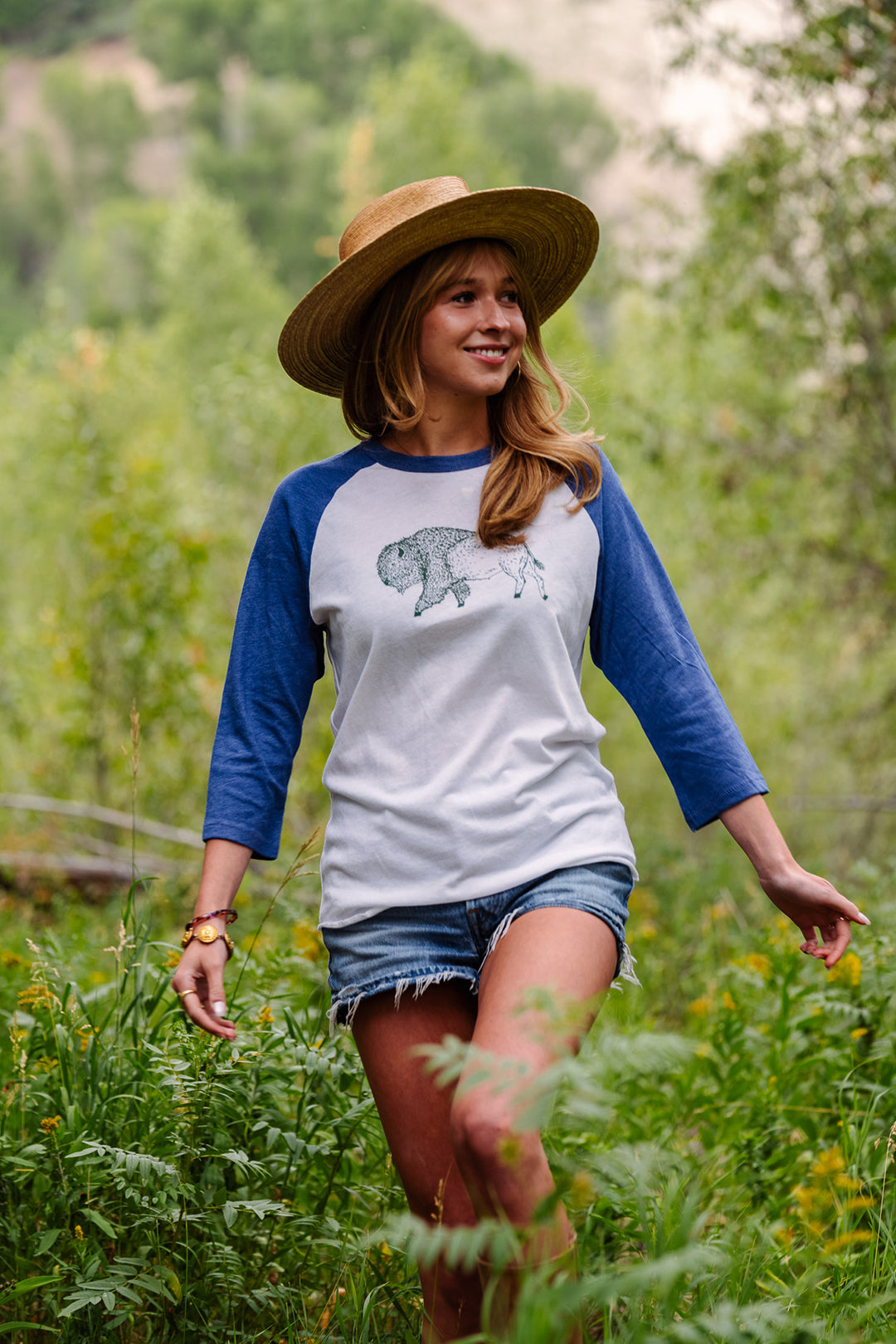 Bison - Women’s Blue/White Baseball T-Shirt