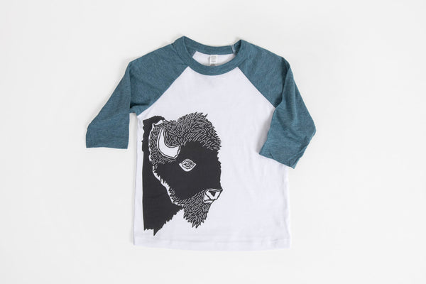 Bison Profile Kid's Baseball Shirt Blue/White - Bird & Buffalo