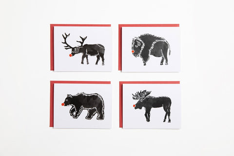 Greeting Card - Red Nose Animals Set of 4 - Bird & Buffalo