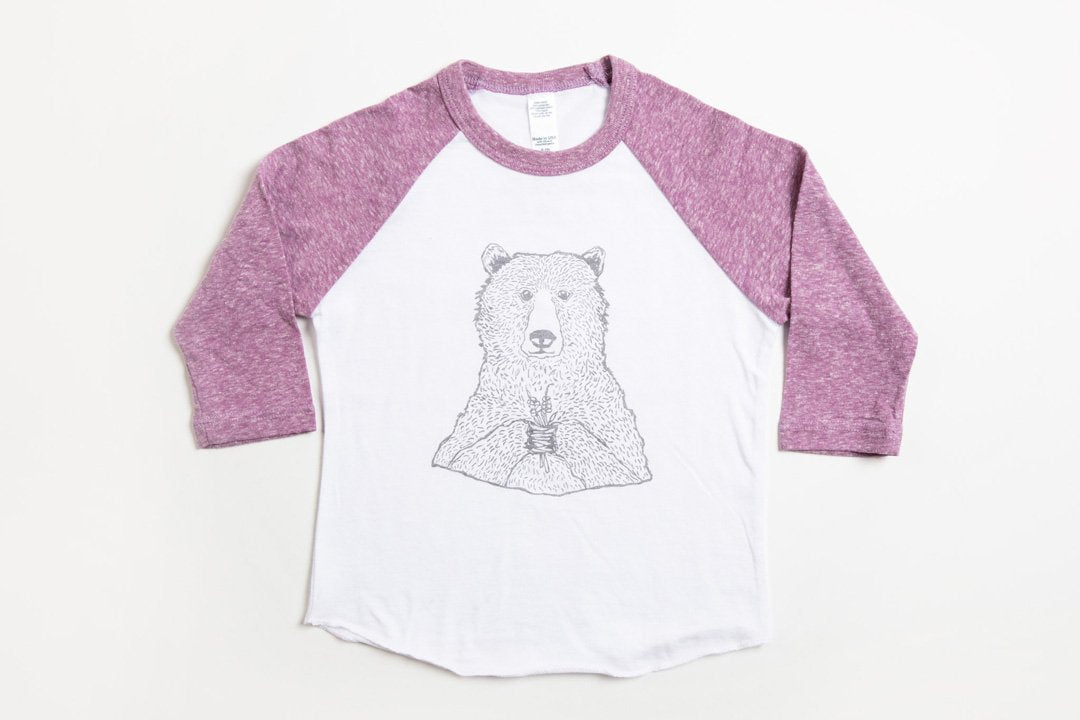 Bear Holding Flowers Kid's Baseball Shirt Purple/White - Bird & Buffalo