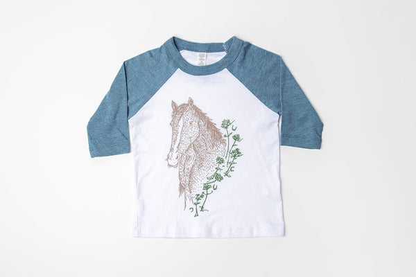 Horse Kid's Baseball Shirt Blue/White - Bird & Buffalo