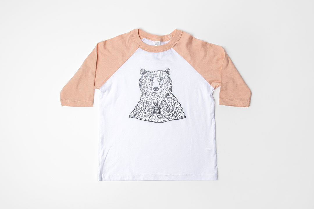 Bear Flower Kid's Baseball Shirt Peach/White