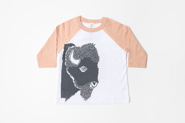 Bison Profile Design Kid's Baseball Shirt - Peach & White - Bird & Buffalo