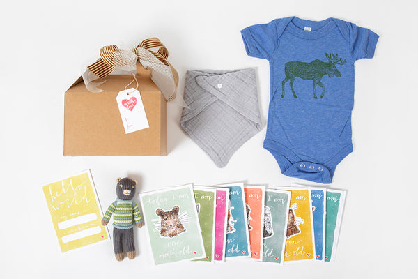 Western newborn baby gift box with onesie and milestone cards